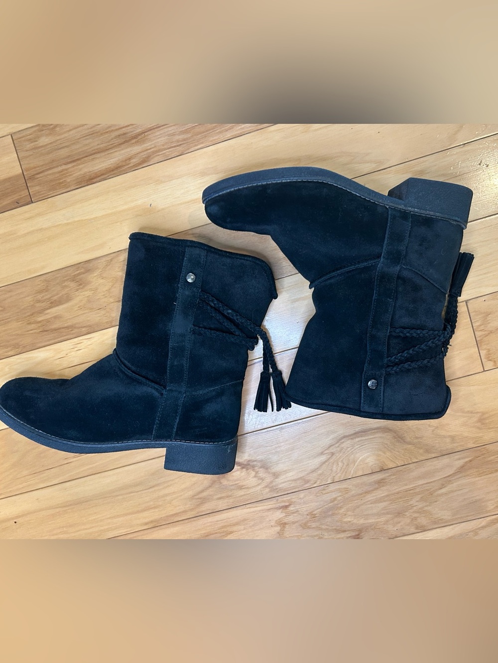 Abeo Blaine Women’s Black Winter Suede Mid-Calf Boots with Braided Tassel Detail - Picture 8 of 10